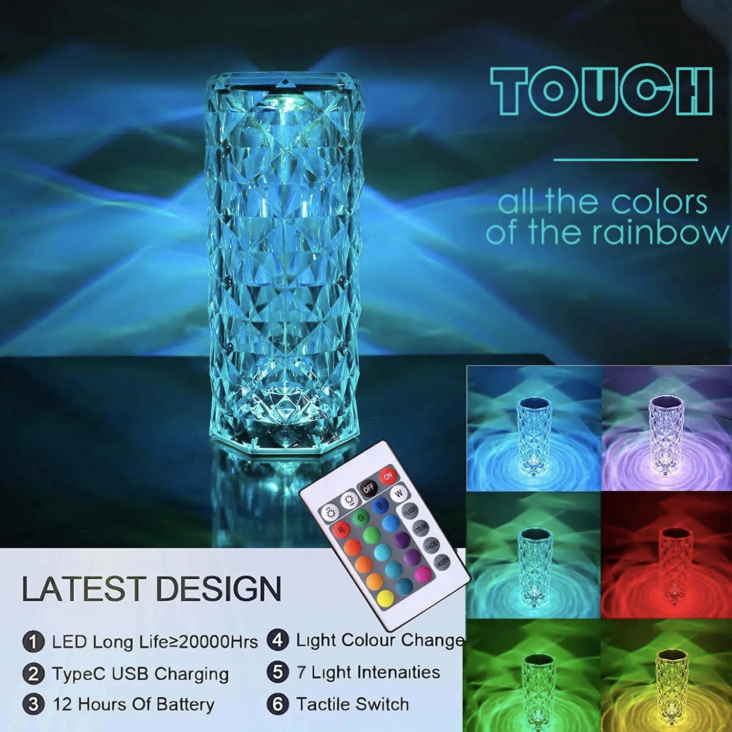 Rechargeable 16 Colors RGB Rose LED Night Light Color Changing Crystal Touch Table Lamp for Bedroom Nightstand Christmas Decor